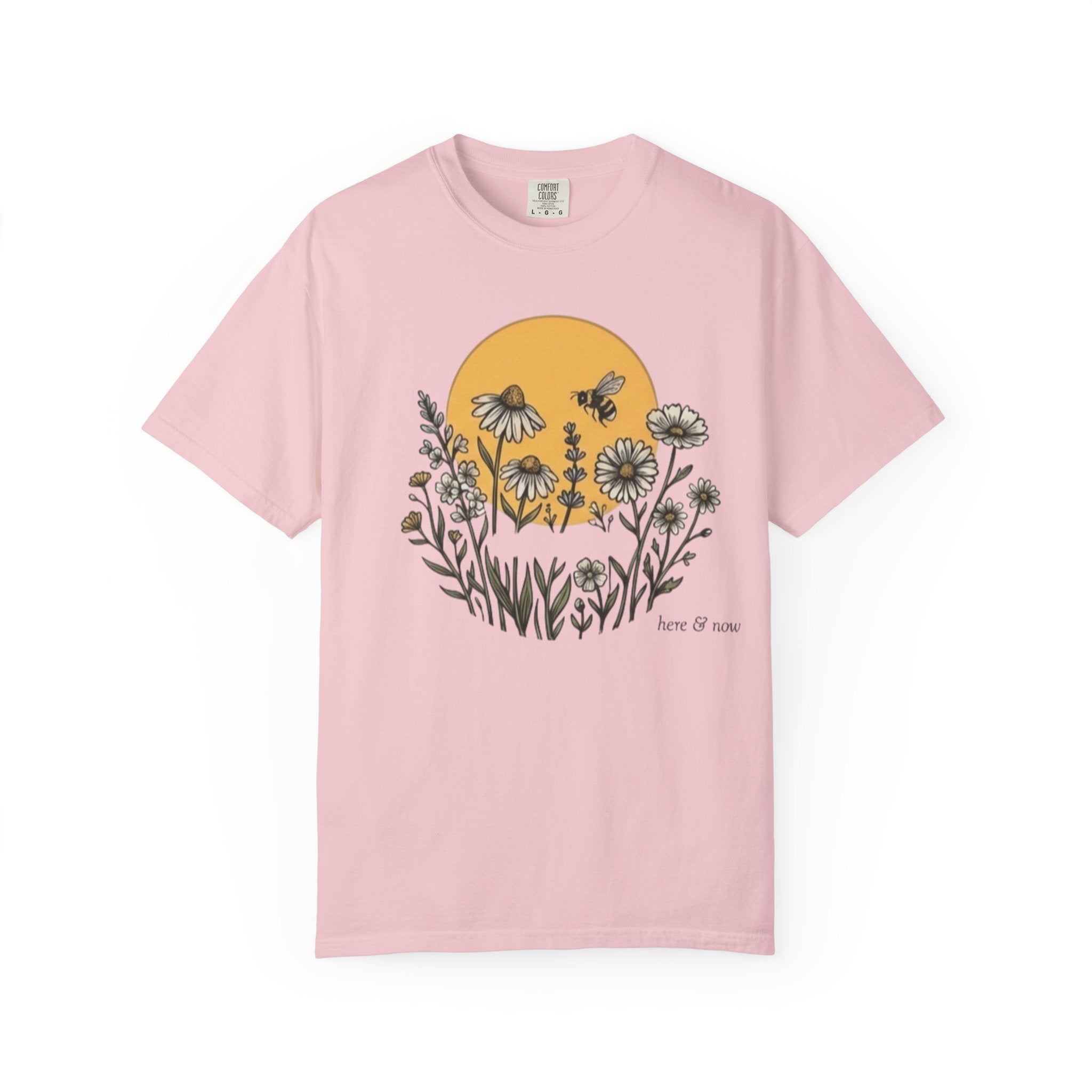 Floral Meadow Tee — "Here for Nature" Sunflower & Bee Graphic T-Shirt