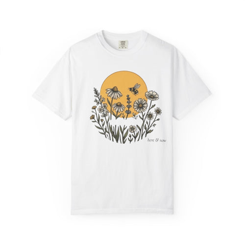 Floral Meadow Tee — "Here for Nature" Sunflower & Bee Graphic T-Shirt