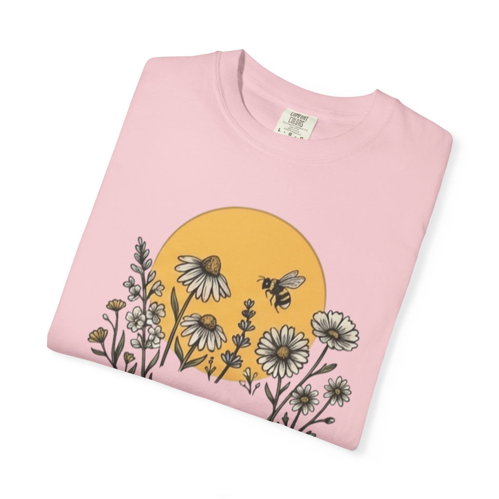 Floral Meadow Tee — "Here for Nature" Sunflower & Bee Graphic T-Shirt