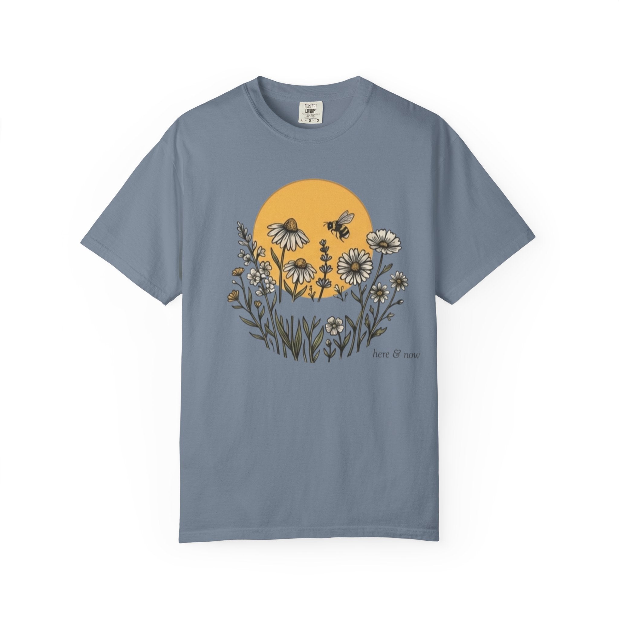 Floral Meadow Tee — "Here for Nature" Sunflower & Bee Graphic T-Shirt