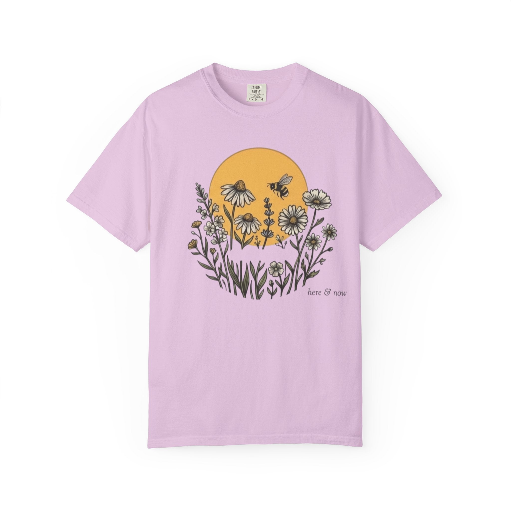 Floral Meadow Tee — "Here for Nature" Sunflower & Bee Graphic T-Shirt